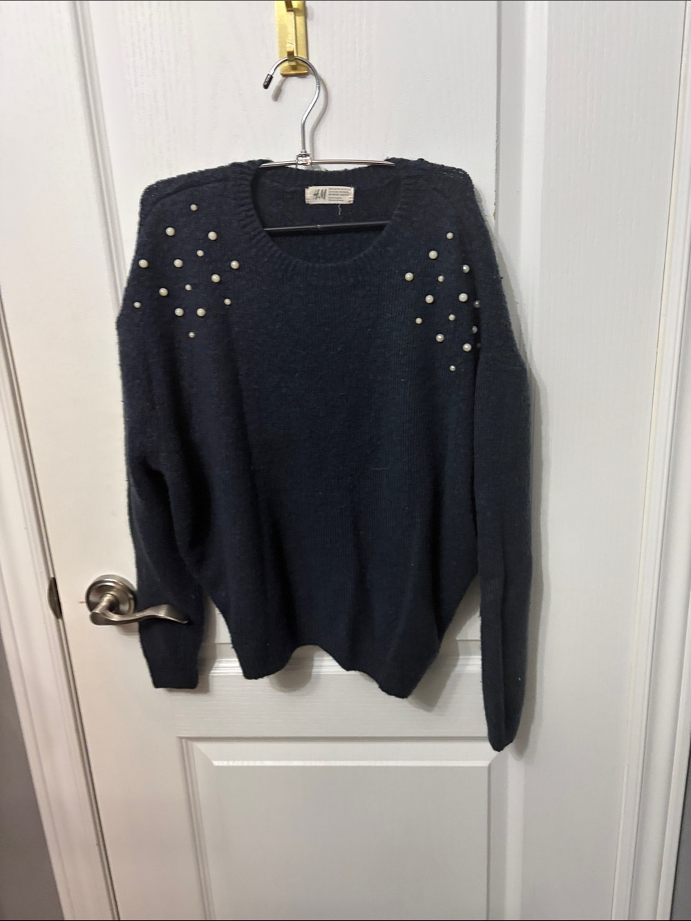 H&M Navy Crewneck Sweater with Pearl Shoulder Details